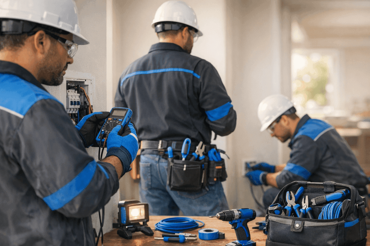 Close-up of electrician’s gloved hands wiring residential electrical panel with blue tools